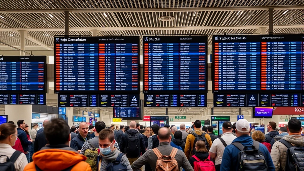Busy airport terminal with crowds of travelers checking flight information boards during peak holiday travel period, showing cancellation notices