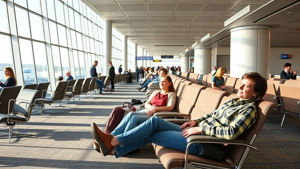 Travelers relaxing in airport lounge with comfortable seating, natural light, and minimal crowds during off-peak travel hours, peaceful travel environment