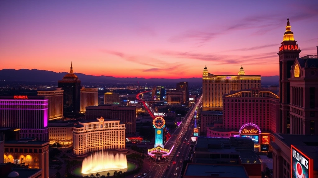 Las Vegas Strip at sunset with neon-lit casinos, Bellagio fountains, and hotels glowing against purple twilight sky, no text visible