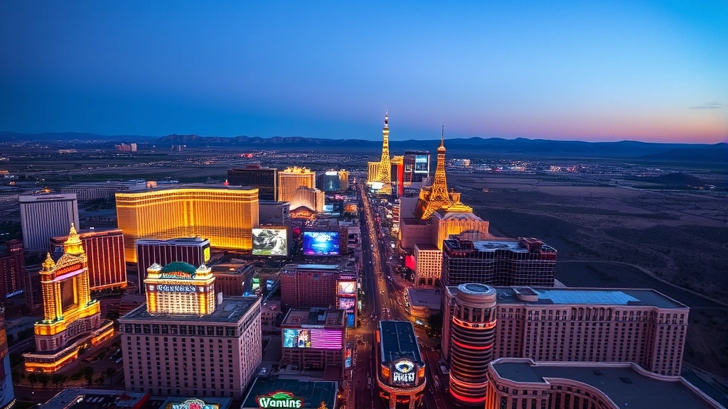 Panoramic aerial view of Las Vegas Strip with bright lights and casinos at dusk, desert landscape visible in background, vibrant neon colors reflecting off buildings