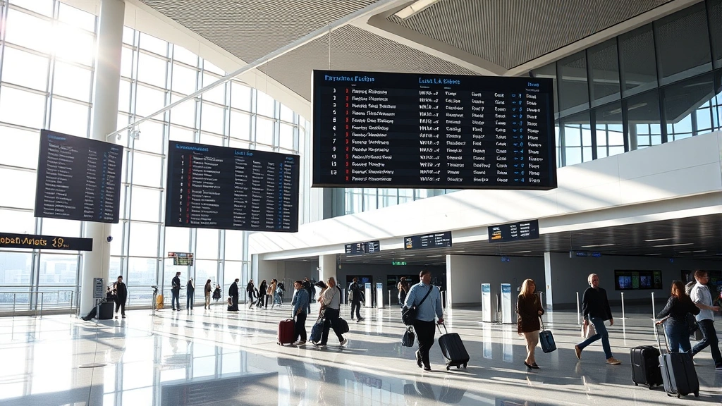 Los Angeles International Airport departure hall with digital flight boards displaying destinations, modern architecture, natural daylight streaming through large windows, travelers with luggage moving through the terminal, photorealistic professional photography