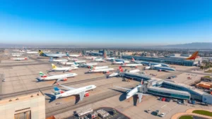 Aerial view of Los Angeles International Airport LAX with multiple aircraft parked at gates during daytime, sunny Southern California weather visible