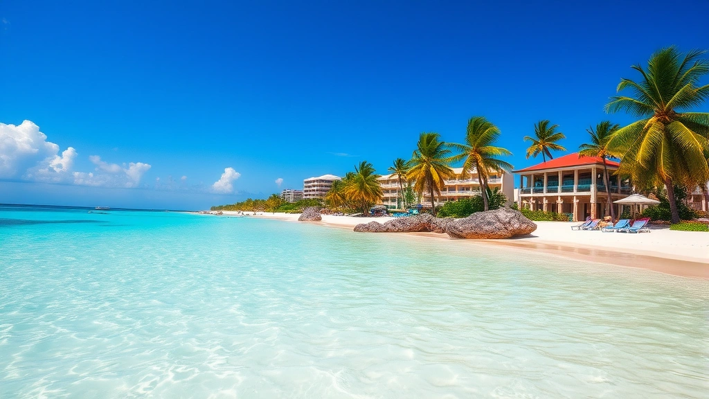 Crystal clear turquoise Caribbean waters of Cancun beach with white sand, palm trees, and colorful beachfront resorts in background under blue sky