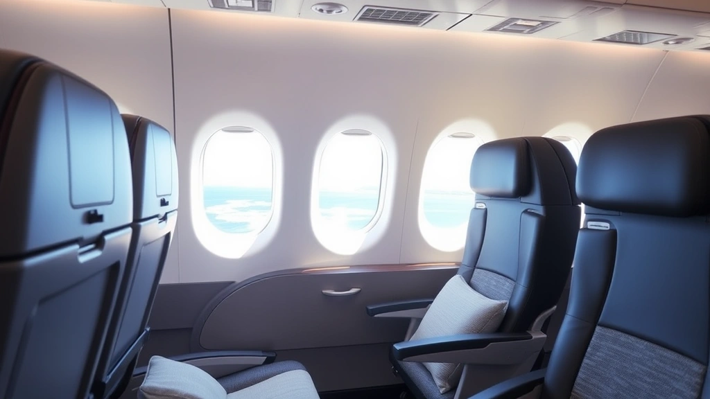 Modern aircraft cabin interior showing comfortable passenger seats with ocean view visible through window, depicting mid-flight comfort on tropical route