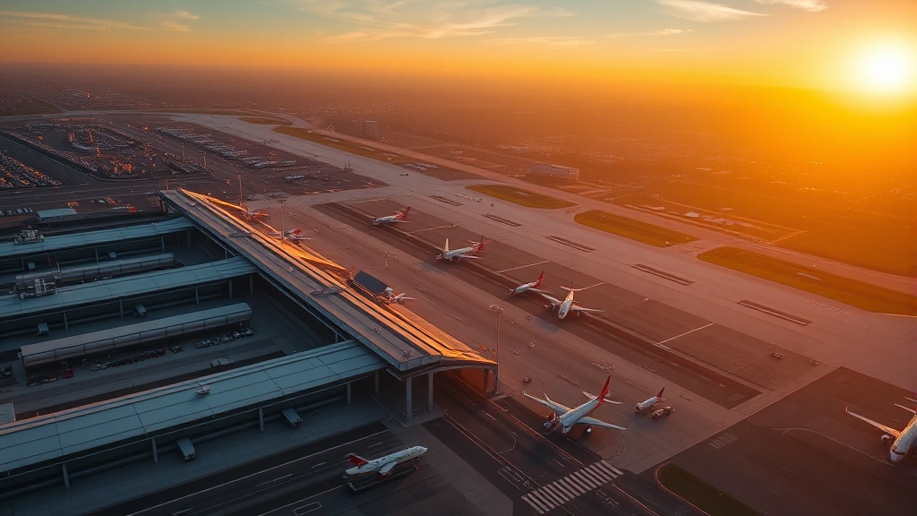 Aerial view of Los Angeles International Airport terminals and runways during golden hour sunset with planes taxiing, California coastline visible in distance, photorealistic