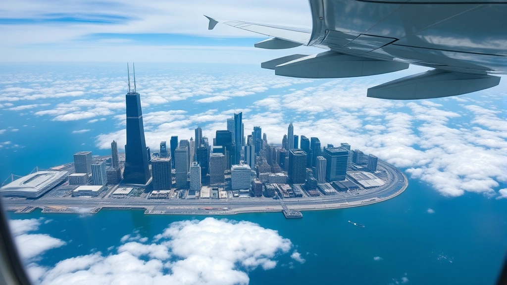 Modern Chicago skyline featuring Willis Tower and Lake Michigan from airplane window during descent, clouds below, architectural detail of downtown Chicago visible, photorealistic