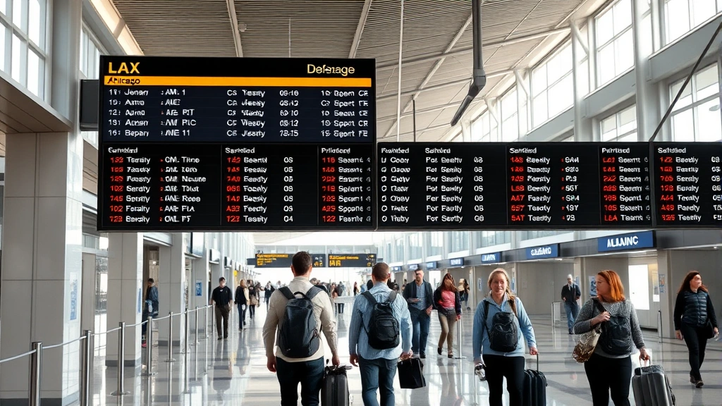 Departure board at airport terminal showing LAX to Chicago flights with various times and airline codes, travelers walking through modern airport corridor with natural light, photorealistic