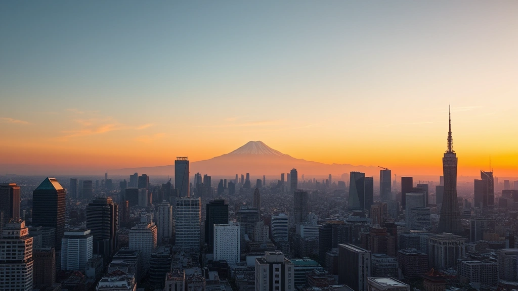 Aerial view of Tokyo skyline at sunset with Mount Fuji visible in distance, modern skyscrapers and traditional temples mixed throughout urban landscape, golden hour lighting, photorealistic