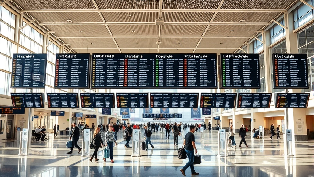 Los Angeles International Airport terminal interior with departure boards, travelers with luggage, modern architecture, bright natural lighting from windows, bustling airport atmosphere, photorealistic