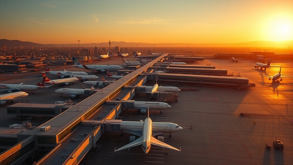 Aerial view of Los Angeles International Airport terminal with planes at gates, golden California sunset lighting the tarmac and aircraft fuselages, photorealistic high-resolution shot