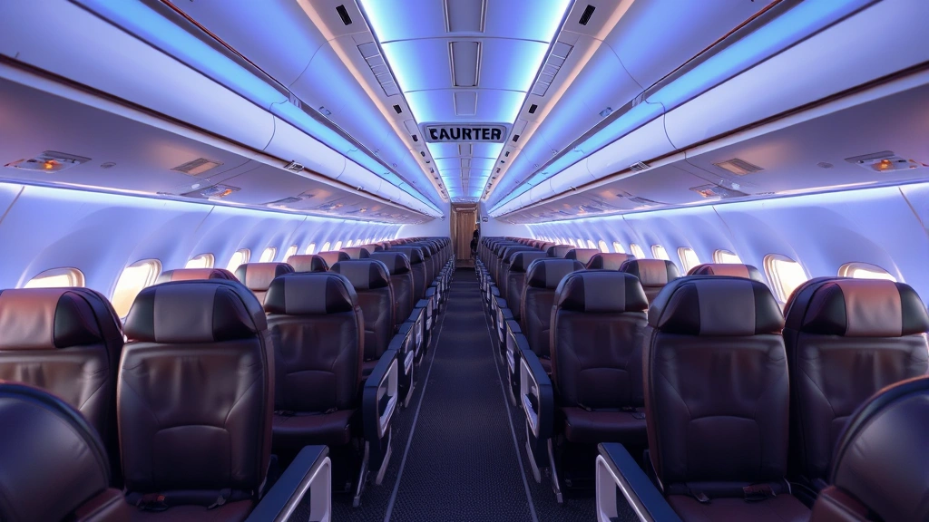 Modern airplane cabin interior showing empty business class seats with direct aisle view, blue overhead lighting, comfortable leather recliners arranged in herringbone pattern, realistic cabin photography