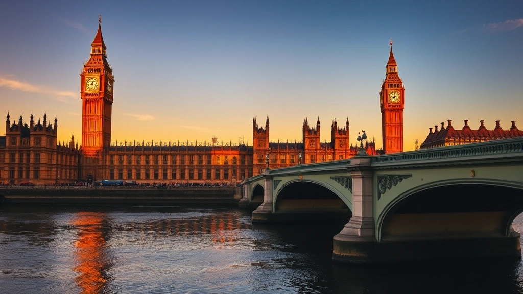 London Big Ben and Houses of Parliament reflected in Thames River at golden hour, Westminster Bridge in foreground, iconic architecture bathed in warm sunset light, travel photography style