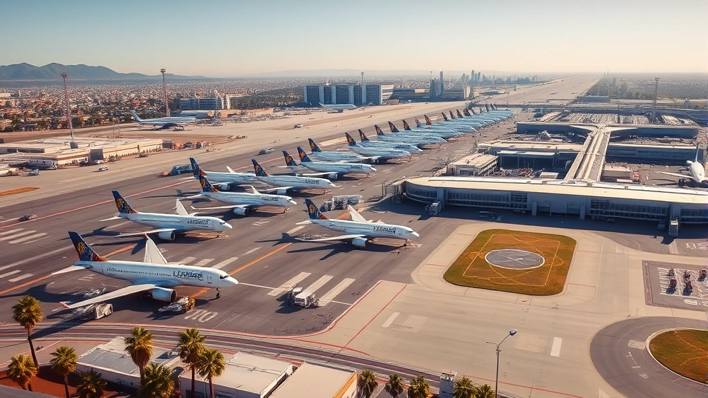 Aerial view of Los Angeles International Airport with planes lined up, palm trees visible, sunny California day, professional airport photography