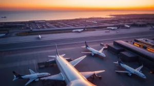 Aerial sunset view of LAX airport with multiple aircraft parked, California coast visible in background, golden hour lighting reflecting off jet fuselages