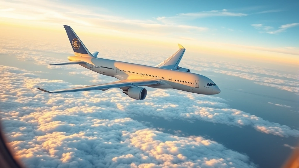 Modern Airbus A380 or Boeing 777 flying over Atlantic Ocean at cruise altitude, white clouds below, golden sunrise or sunset sky, realistic cabin window view
