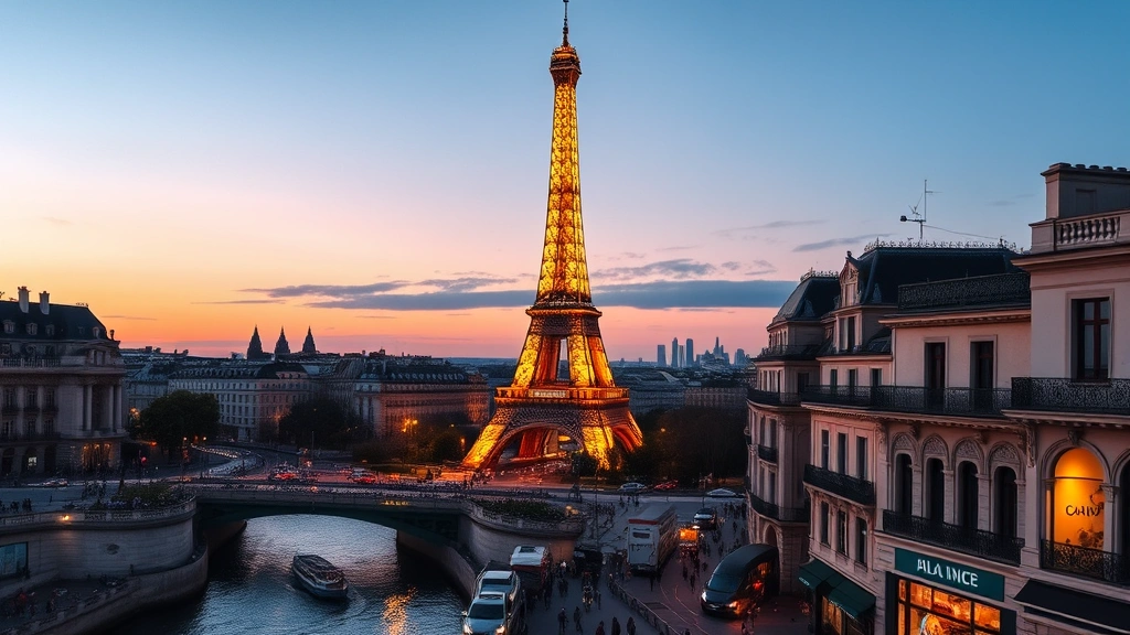 Eiffel Tower illuminated at twilight with Paris cityscape, Seine River with boat traffic, street-level perspective showing Parisian architecture and elegant storefronts, romantic evening atmosphere