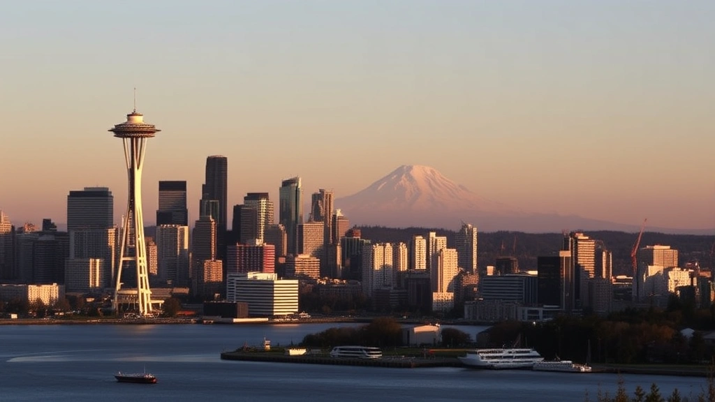 Seattle skyline featuring iconic Space Needle, Puget Sound waterfront, and Mount Rainier in misty distance at golden hour