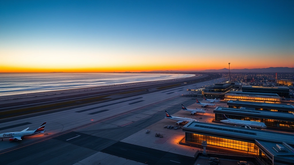 Aerial view of Los Angeles International Airport LAX with Pacific Ocean and coastline visible at sunset, commercial aircraft on tarmac, modern terminal buildings, golden hour lighting