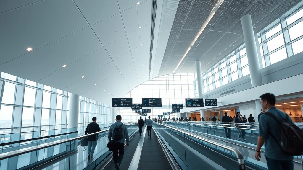 Tokyo Haneda Airport modern interior with travelers walking through sleek terminal, bright natural lighting, Japanese architecture, moving walkways, international departure boards