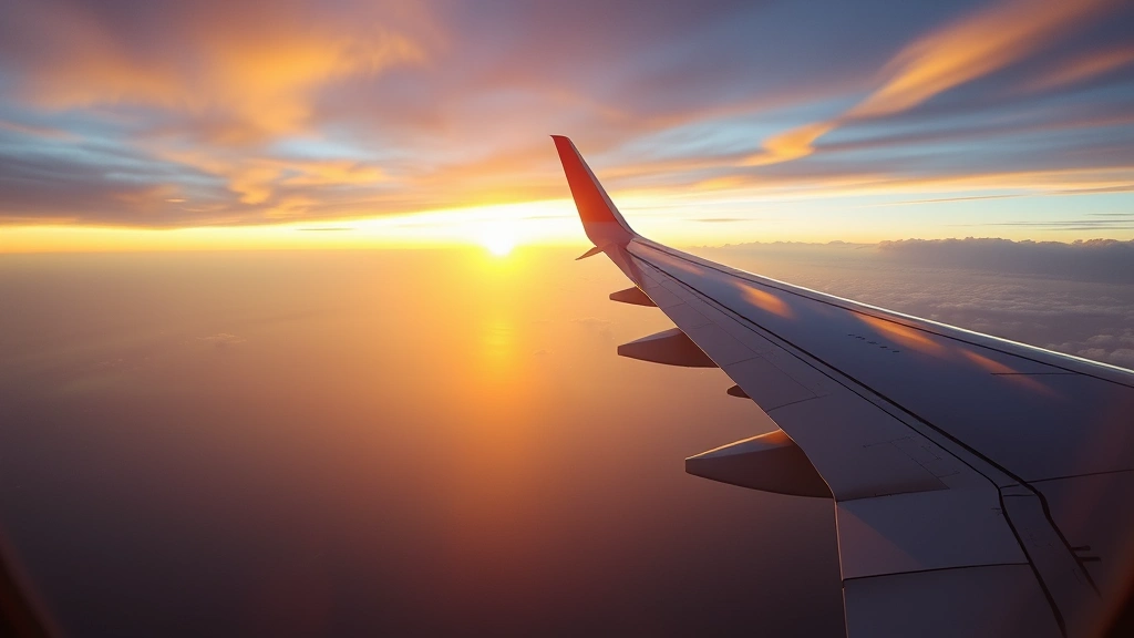 Window view from aircraft flying over Pacific Ocean at sunrise, wing of modern wide-body jet visible, endless ocean below, golden sunlight, dramatic sky colors