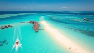 Aerial view of turquoise Maldivian waters with overwater bungalows and a speedboat, pristine white sand beaches visible, clear tropical sky, photorealistic travel destination photography
