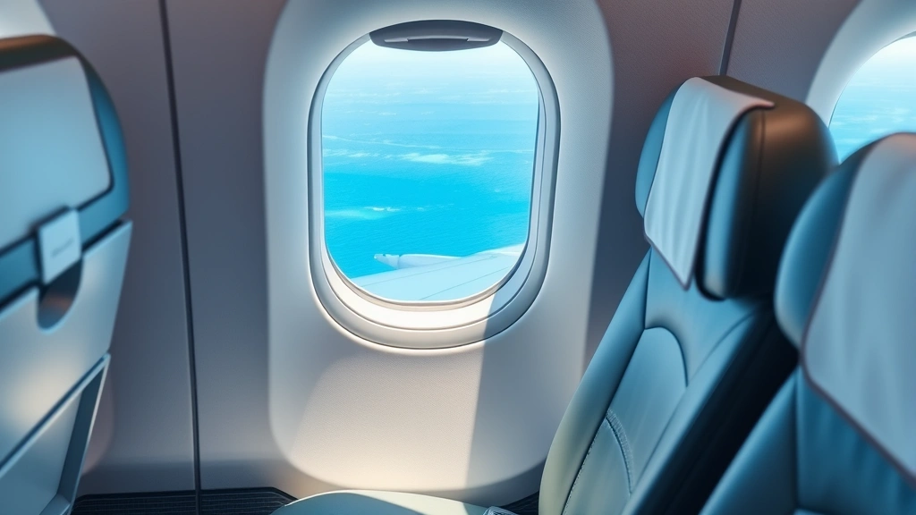 Close-up of a modern airline cabin interior with comfortable seats and window showing blue ocean below, professional airport lounge setting, travel comfort aesthetic, no visible text or signage