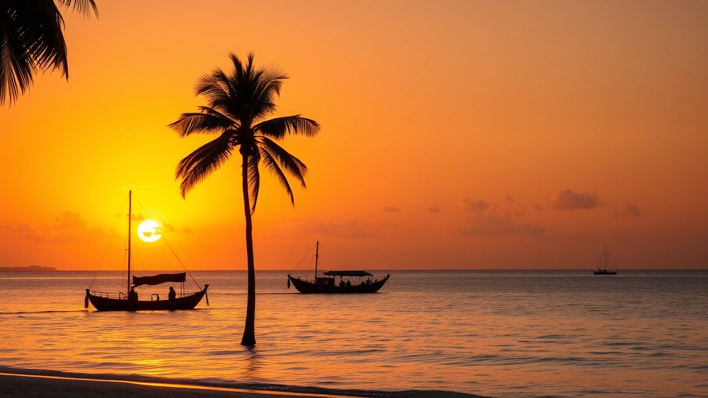 Sunset over the Indian Ocean with silhouettes of palm trees and traditional Maldivian dhoni boats, golden hour lighting, serene tropical beach scene, photorealistic travel photography