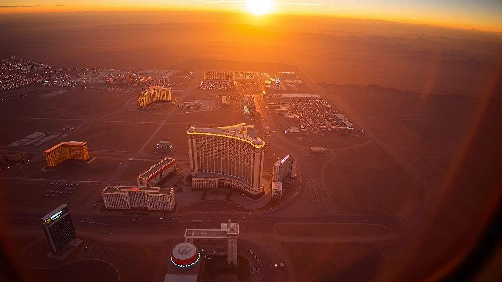Aerial sunrise view of Las Vegas Strip with bright desert landscape, photographed from airplane window, warm golden light illuminating the city below, no text or signs visible