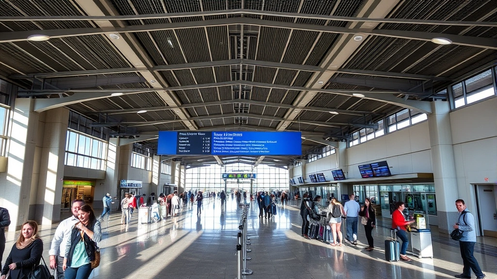 Memphis International Airport departure hall interior with travelers checking in, modern terminal architecture, natural lighting, no visible signage or text, bustling travel atmosphere