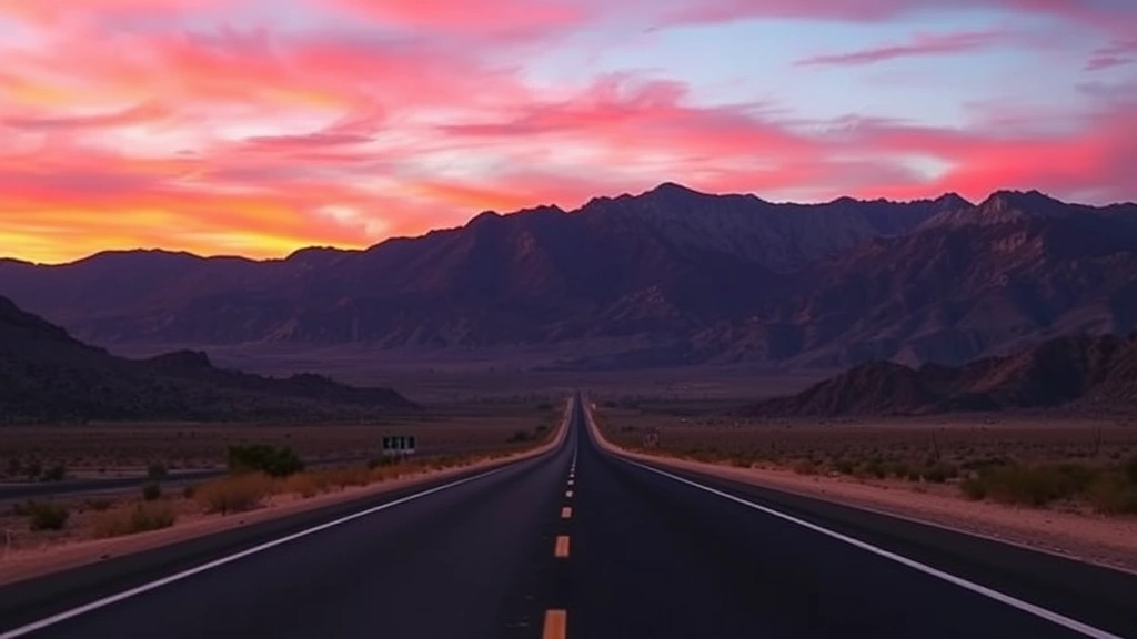 Desert highway stretching toward Las Vegas at dusk, mountains silhouetted against colorful sky, wide open road perspective, no road signs or text, scenic southwestern landscape