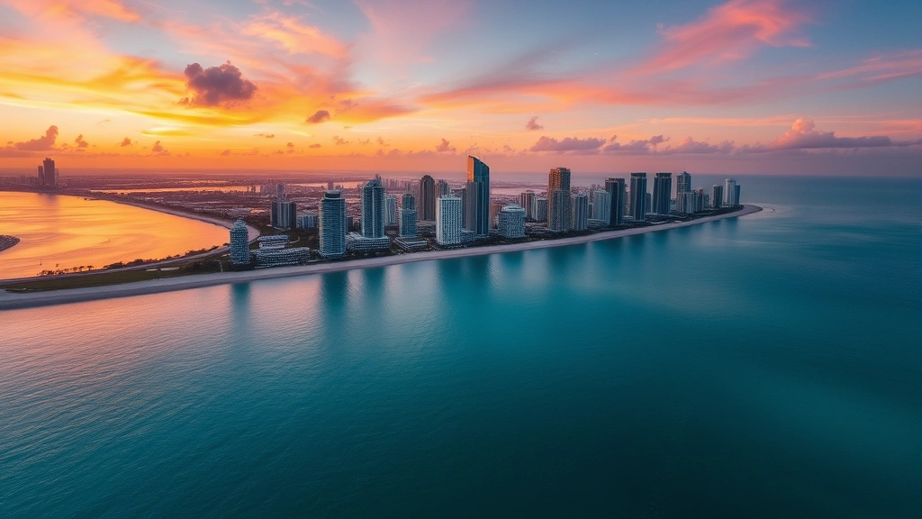 Aerial view of Miami coastline with turquoise ocean and modern skyline at sunset, vibrant cityscape reflecting in water, photorealistic travel photography