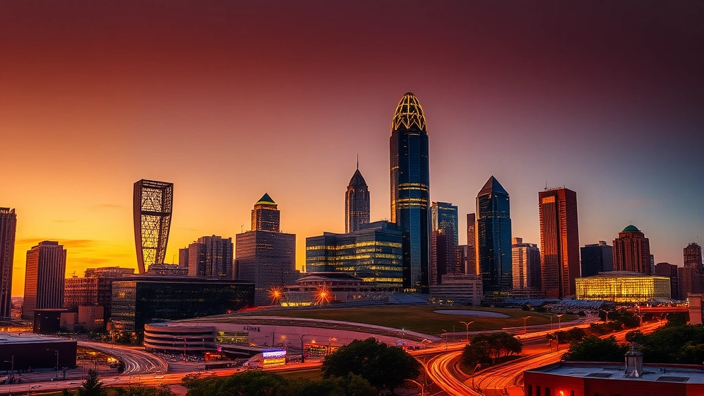 Atlanta skyline at dusk with illuminated skyscrapers and busy downtown streets, modern urban landscape with warm golden lighting, professional travel imagery