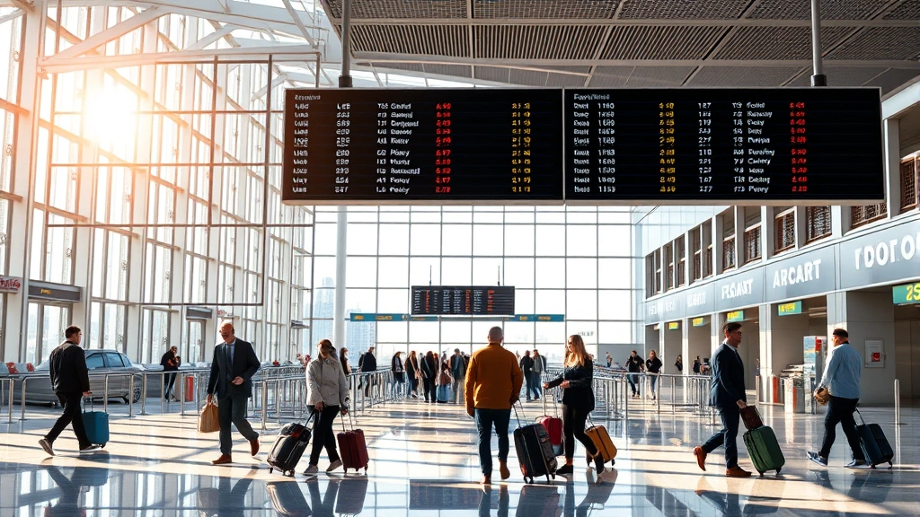Inside airport terminal showing departure board and travelers with luggage, modern airport architecture with natural lighting, realistic travel scene