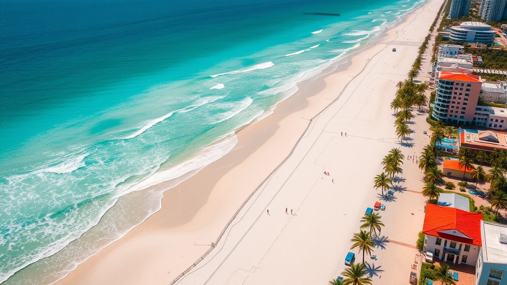 Aerial view of Miami's turquoise ocean meeting white sandy beaches with colorful Art Deco buildings visible along South Beach, bright sunny tropical atmosphere with palm trees