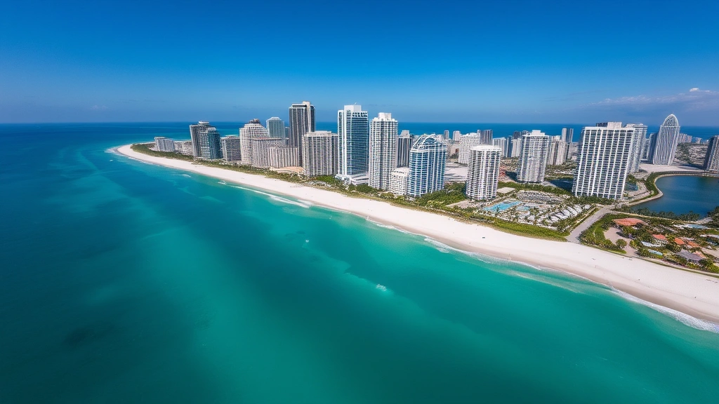 Aerial view of Miami skyline with turquoise waters and white sandy beaches stretching along the coast, featuring modern high-rise buildings and palm trees