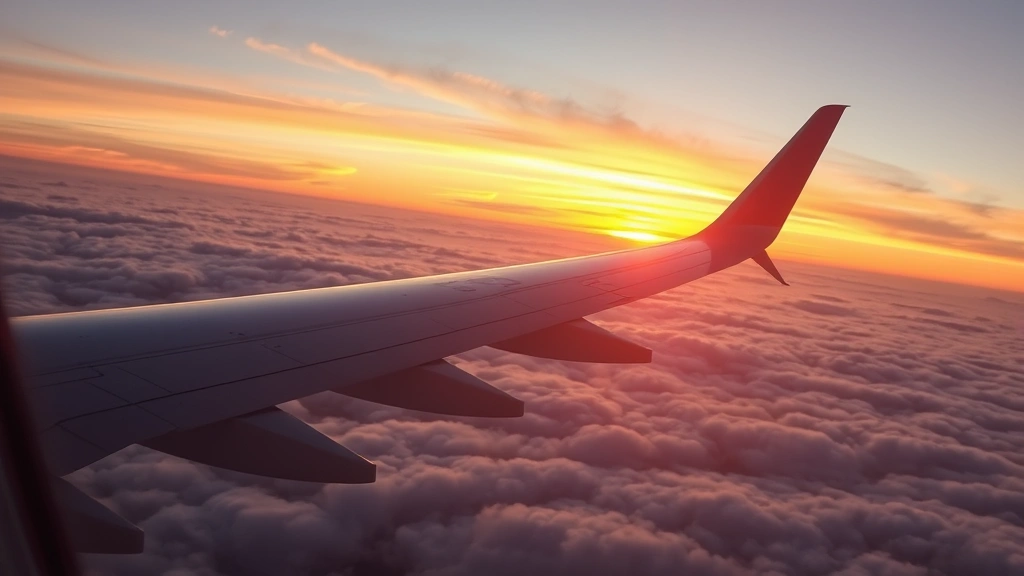 Commercial airplane window view showing wing during flight over clouds during golden hour sunset
