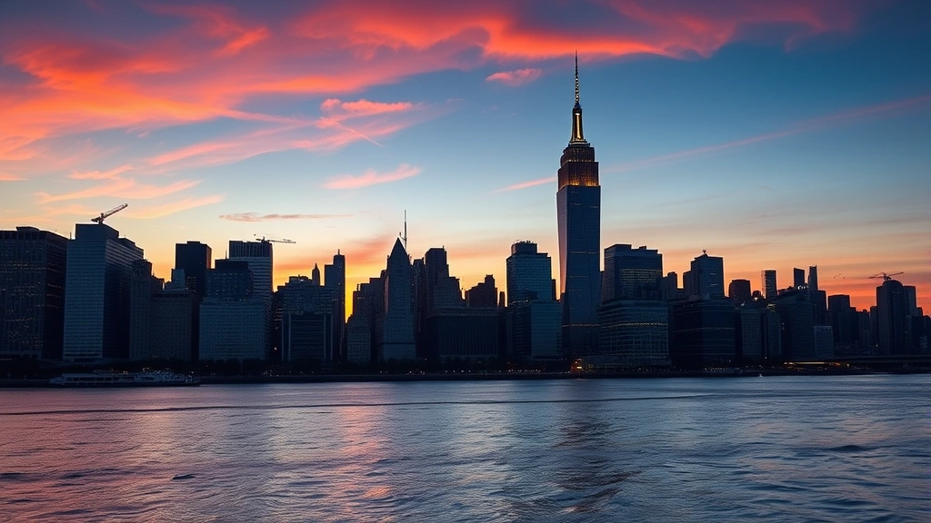 Manhattan skyline at dusk with illuminated Empire State Building and One World Trade Center, reflecting on Hudson River waters, with colorful sunset sky