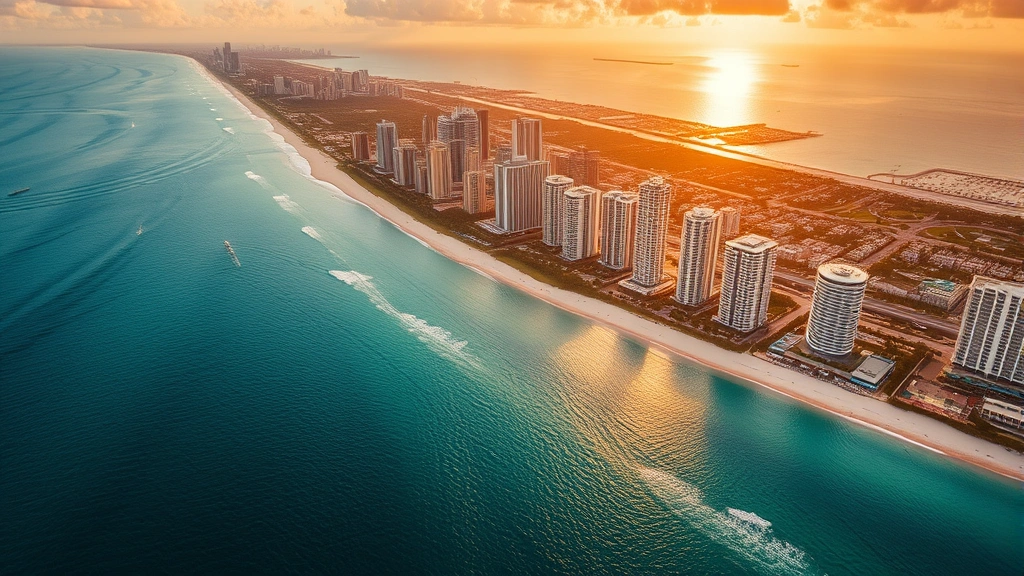 Aerial view of Miami coastline with downtown skyline and ocean, golden hour lighting, vibrant turquoise waters meeting modern city buildings