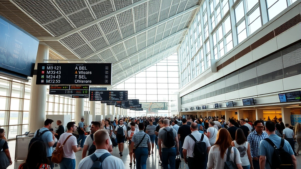 Busy Miami International Airport terminal interior with travelers, departure boards, and modern architecture, natural daylight streaming through windows