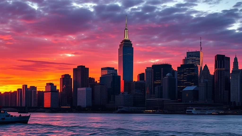 Manhattan skyline with Empire State Building and NYC skyscrapers at sunset, Hudson River in foreground, warm orange and purple sky reflecting off buildings
