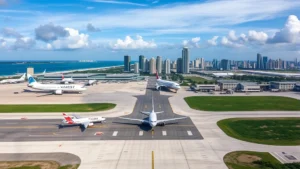 Aerial view of Miami International Airport (MIA) with aircraft on tarmac and downtown Miami skyline in background, vibrant blue sky, professional aviation photography
