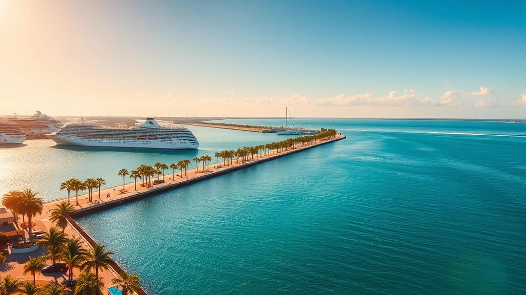Bright sunny Tampa Bay waterfront with cruise ships, sailboats, and palm trees lining the coast, turquoise water, mid-day golden hour lighting, no people visible