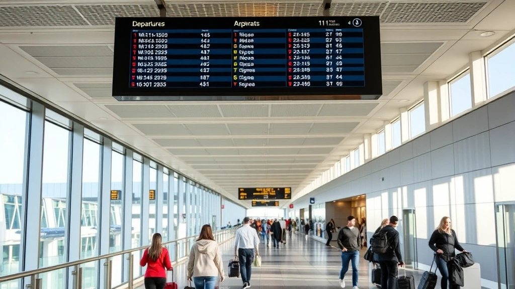 Inside modern airport terminal with departure board displaying flight information, travelers with luggage moving through corridor, natural light from windows, busy but clear scene