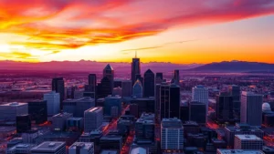 Aerial view of Denver skyline at sunset with Rocky Mountains in background, modern city lights reflecting off glass buildings, vibrant orange and purple sky, photorealistic professional photography