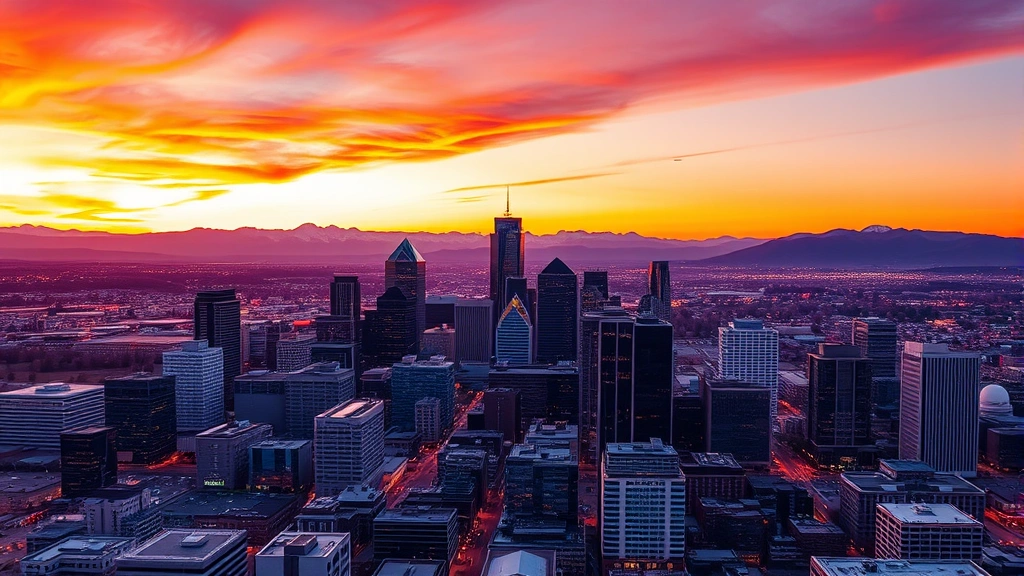 Aerial view of Denver skyline at sunset with Rocky Mountains in background, modern city lights reflecting off glass buildings, vibrant orange and purple sky, photorealistic professional photography