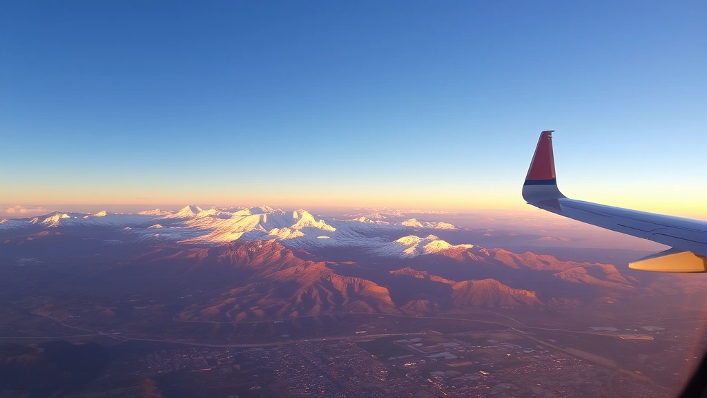 Rocky Mountain peaks with snow-capped summits visible from airplane window, golden hour lighting, aerial perspective showing Denver valley below