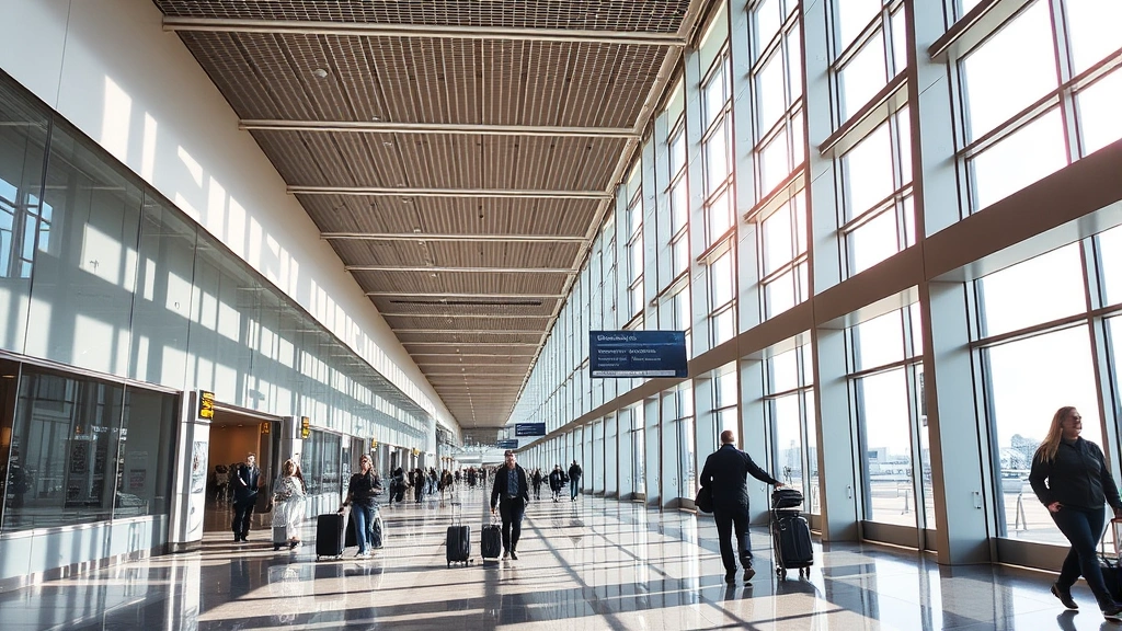Minneapolis-Saint Paul International Airport terminal interior with modern architecture, travelers with luggage walking through contemporary hallway, natural light streaming through large windows, professional travel photography