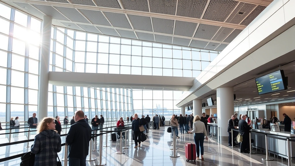 Modern airport terminal interior at Minneapolis-St. Paul with travelers at check-in counters, natural light streaming through windows, bustling travel atmosphere