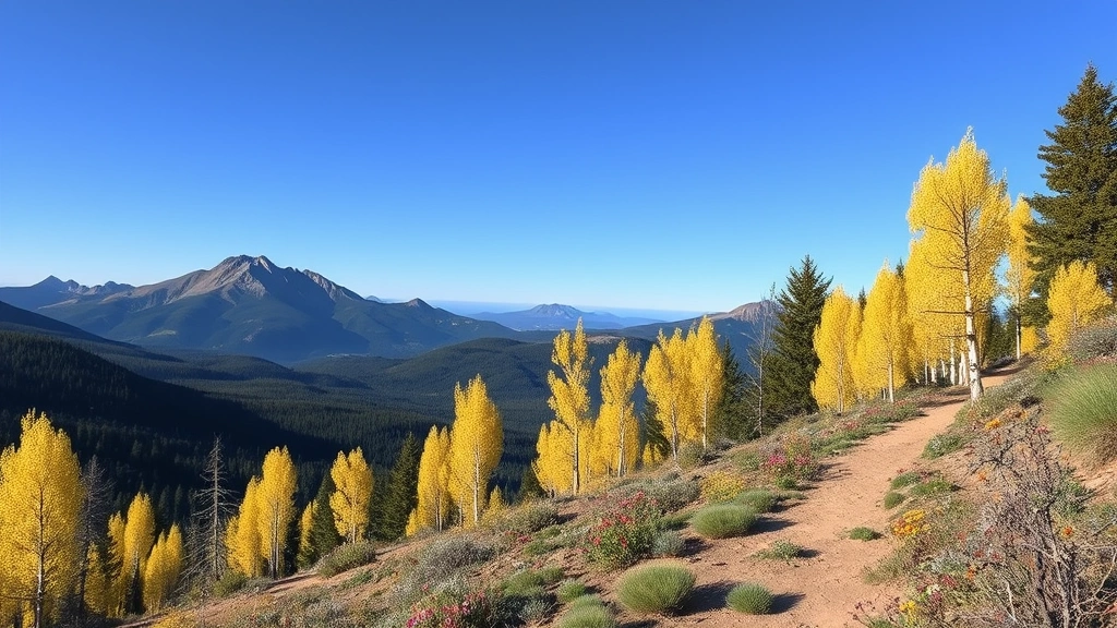 Mountain landscape near Denver showing hiking trail through aspen forest with wildflowers, clear blue sky, outdoor adventure scene, no people or text, photorealistic scenic photography