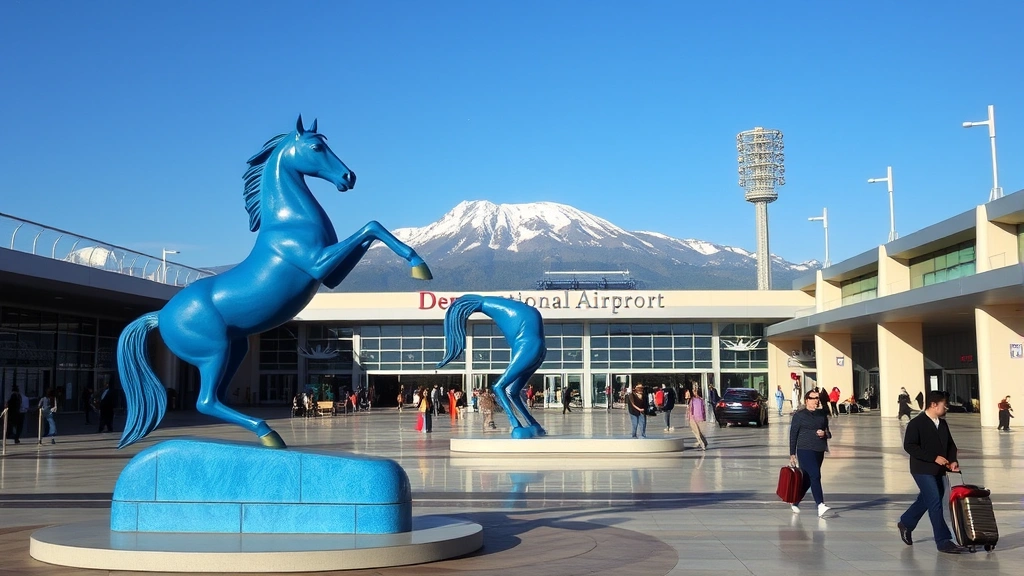 Denver International Airport modern architecture with blue horse sculpture in foreground, mountain backdrop, travelers with luggage moving through terminal